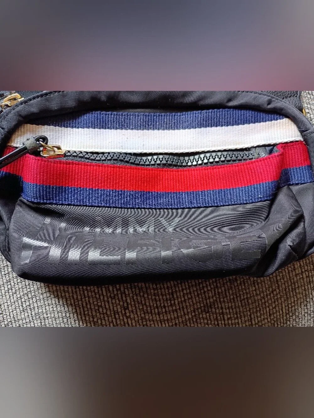Tommy Hilfiger Men's Black Nylon Messenger Crossbody Bag, Red, White, Blue Strip